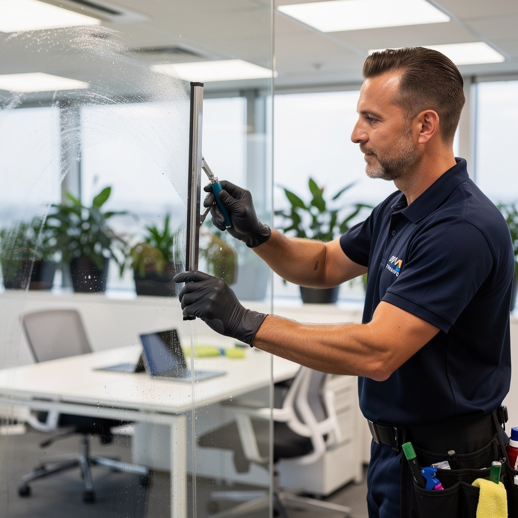Reinigung von Glastrennwänden im modernen Büro