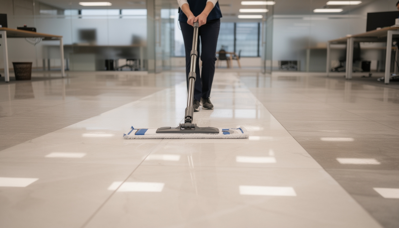 Bodenpflege im Büro durch professionelle Reinigungskraft